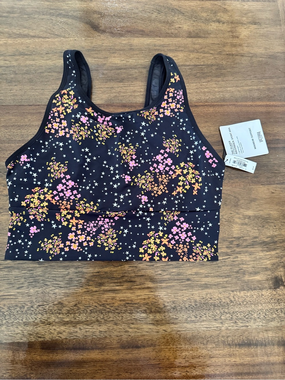 Victoria's Sport Black Floral Star Print Sports Bra - Pink & Yellow Accents